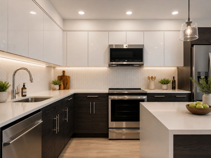 A renovated apartment kitchen in white and dark gray