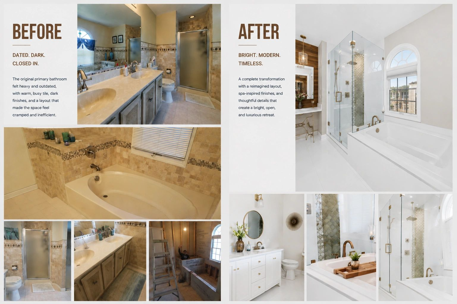 Primary bathroom before and after