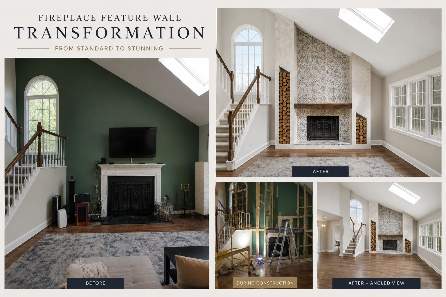 Fireplace feature wall before, during and after: From Standard to Stunning