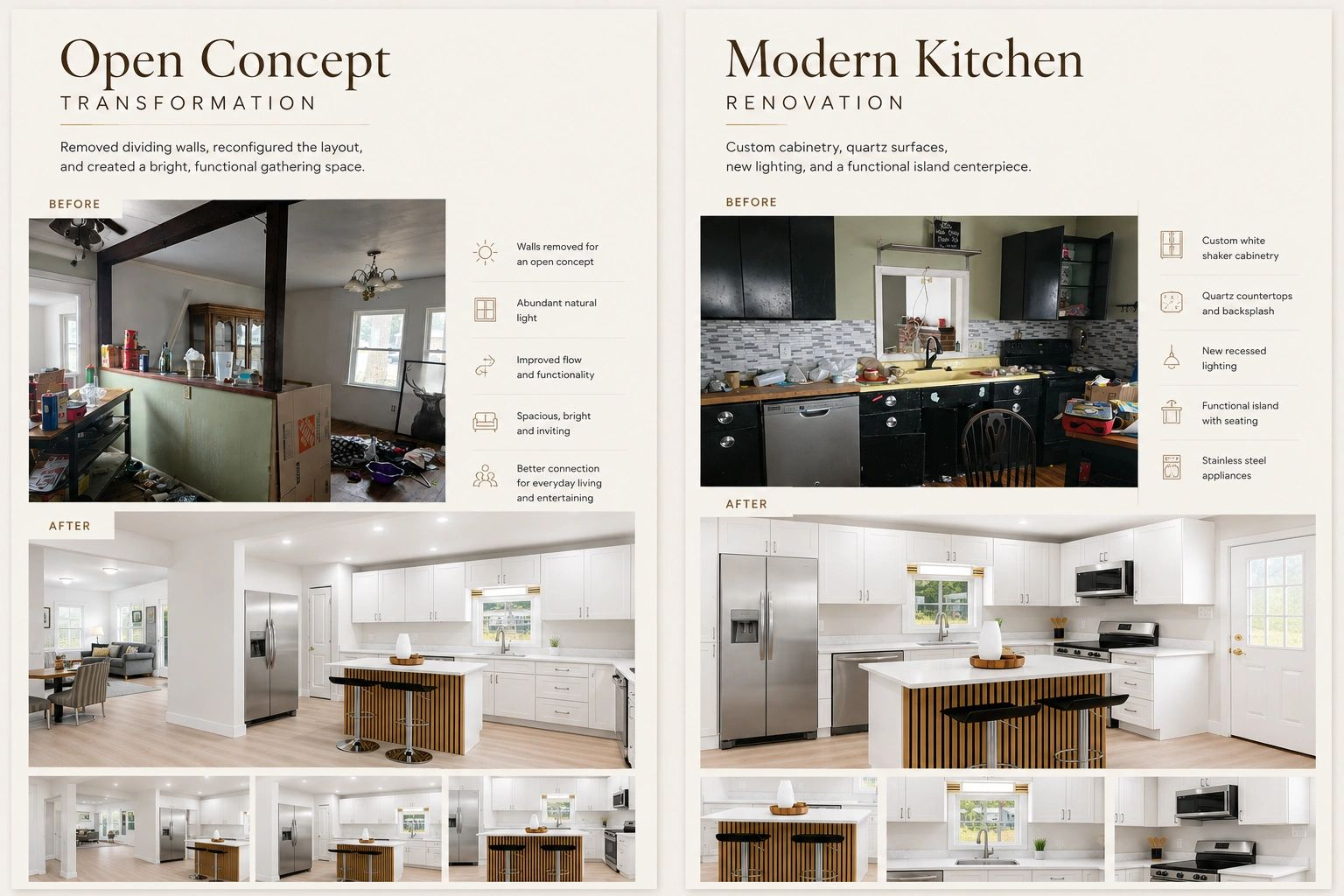 Open concept and modern kitchen renovation, before and after