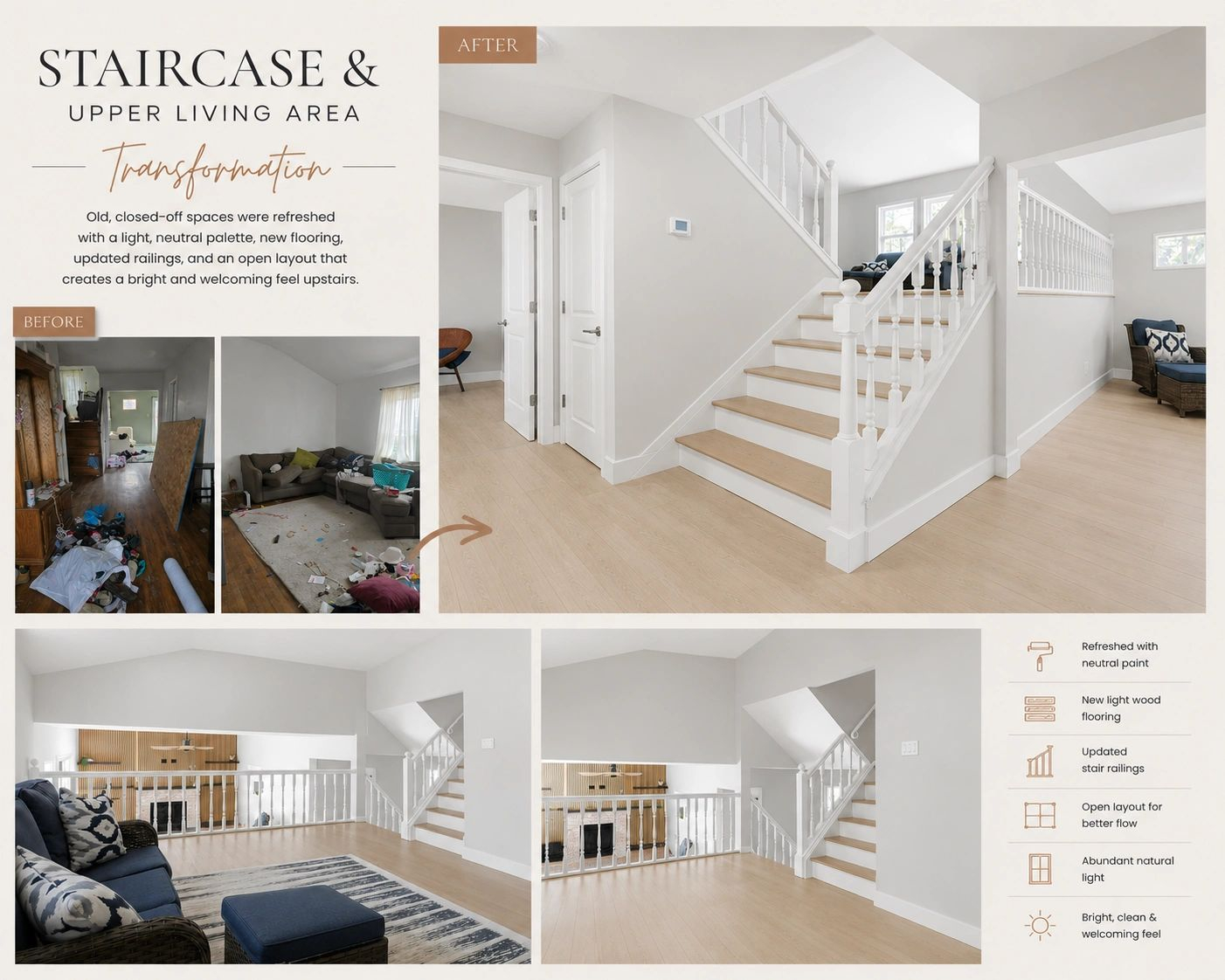 Staircase and upper living area, before and after