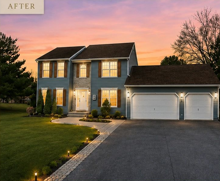 The house after, at dusk: dark architectural shingle roof, blue siding, lit entry and garage