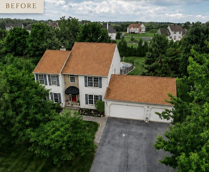 The house before: seen from above, orange shingle roof, white siding