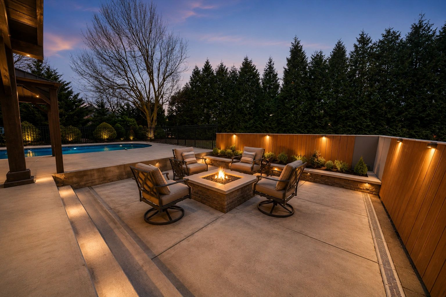 Sunken fire pit terrace at dusk