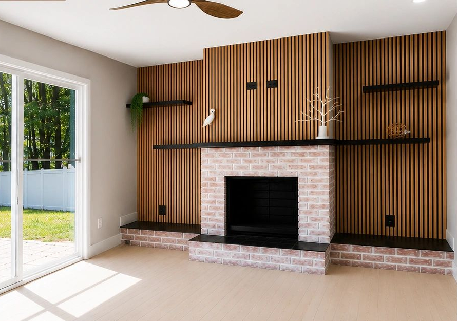 A fireplace with a wood slat feature wall