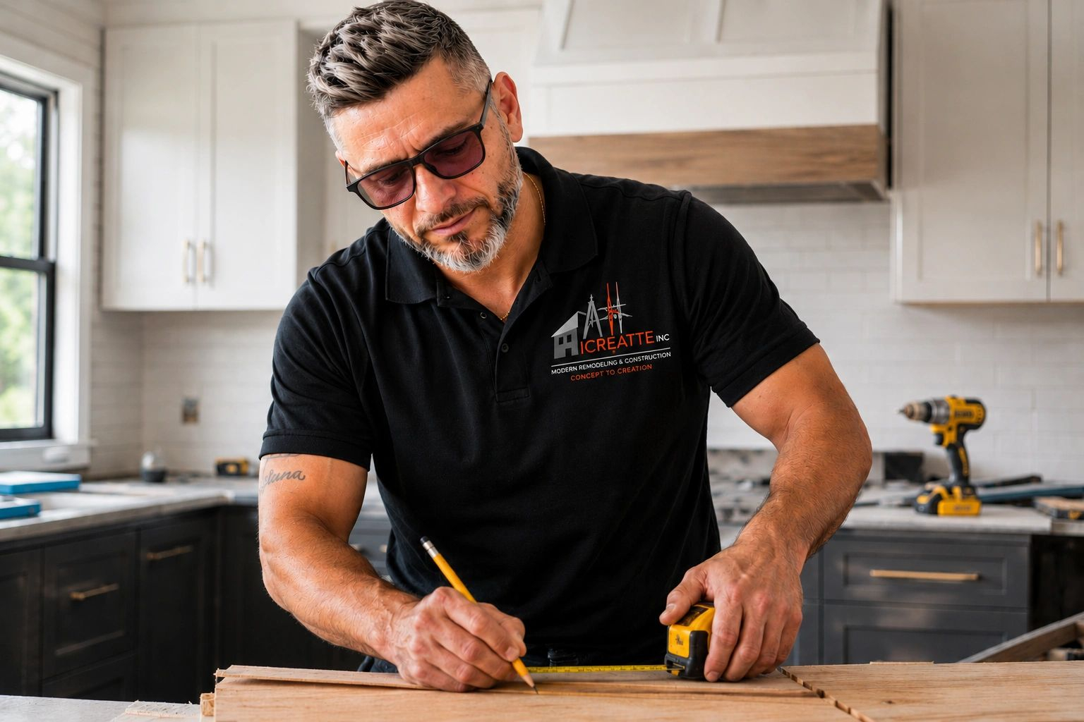 Juan Nieto measuring and marking a board in a white kitchen