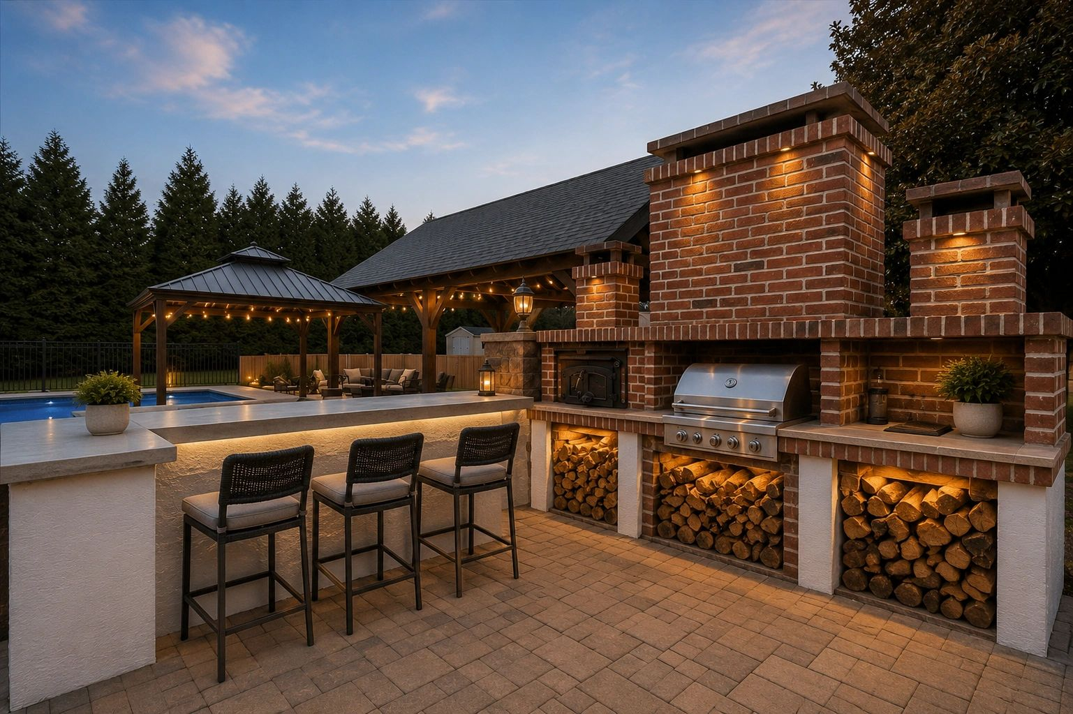 Brick pizza oven and grill island at dusk