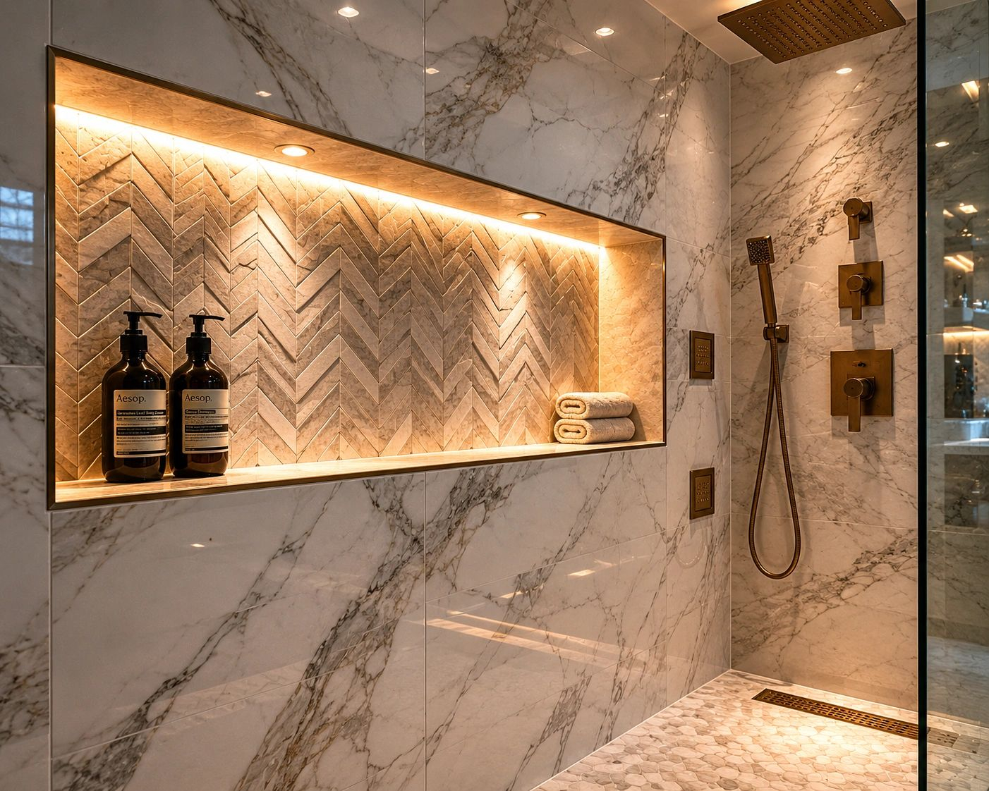 Lit shower niche in herringbone tile
