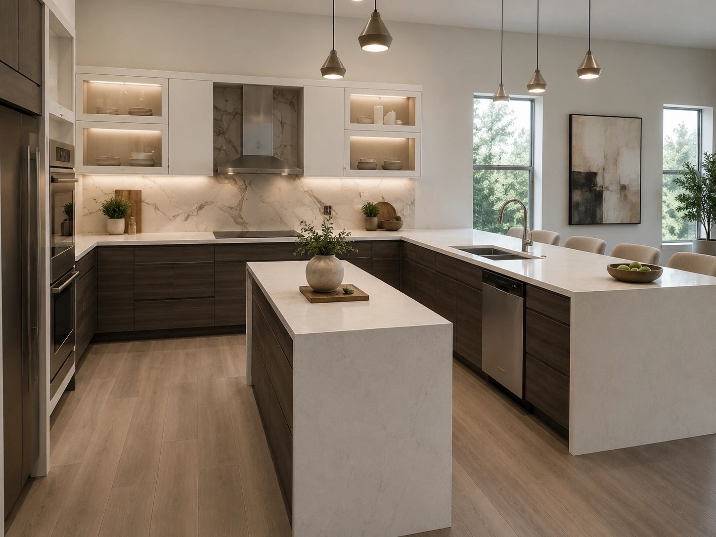 Walnut and white kitchen with an island and pendants